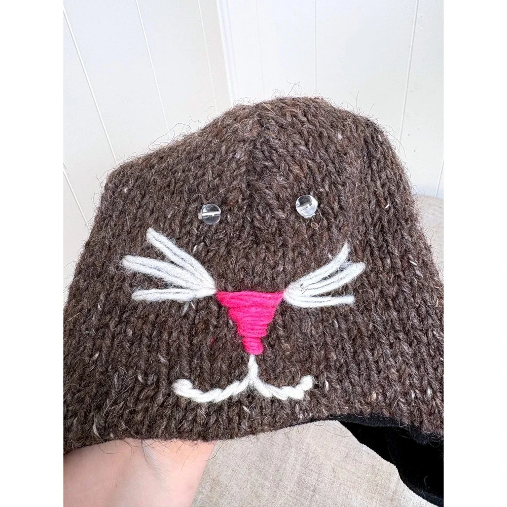 Unbranded Bunny Earflap Hat Kids One Size Brown Pink Wool Fleece Lined Nepal